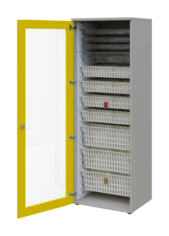 EUROMEDICA S - 66 skříň léková boxová, 1-dveřová/prosklená, levá, 1950x660x535, korpus šedý, dvířka žlutá odio